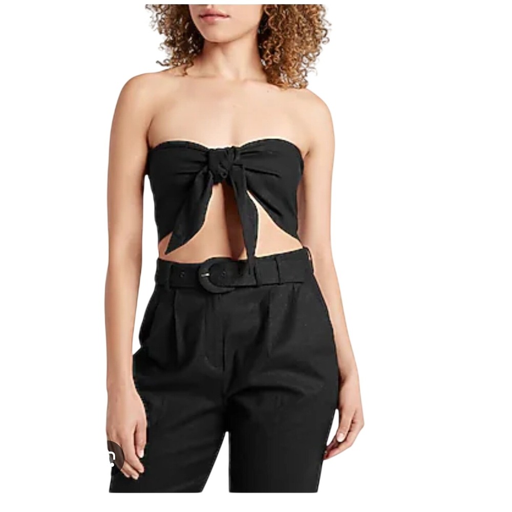 Express Linen Blend Tie Front Bandeau Top Black Smocked Back Crop XL NEW